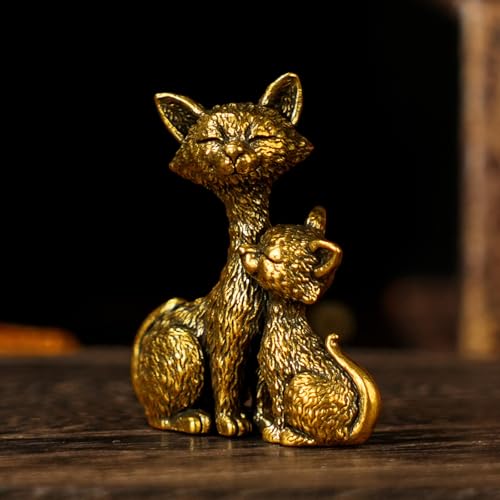 CHOVY Solid Brass Mother & Kitten Cat Statue - Handcrafted Vintage Figurine 100% Pure Metal, Artisanal Collectible Sculpture for Desk, Curio Cabinet & Mid-Century Home Decor Display - color: Big and Little Cats