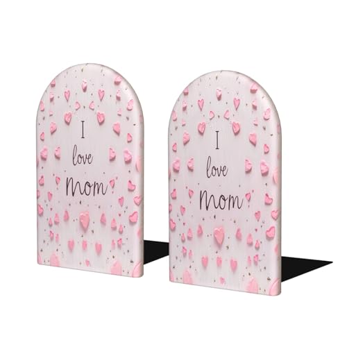 Pink Love Mom L-Shaped Book Ends 1 Pair Wood Bookends Mother's Day Book End Supports for Heavy Book Shelf Holder Home Decorative - color: Pink Love Mom
