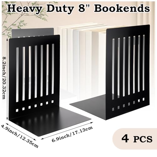 4 Pcs 8 Inch Heavy Duty Bookends Non-Skid Base Large Heavy Duty Book Ends Stopper for Office Books Vinyl Records Shelves Binders (Black) - color: Black, size: 8 Inch