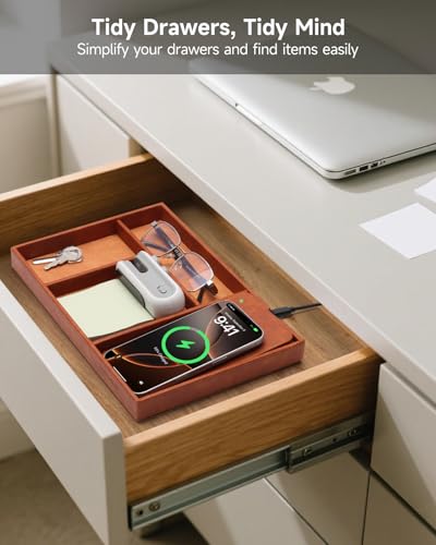 Valet Tray, Built in Wireless Charging Pad, Nightstand Organizer, Two-Toned Premium Vegan Leather Desk Bedside Caddy Organizer Tray for Keys, Watch, Wallet,Jewelry (Brown Patchwork) - color: Brown Patchwork