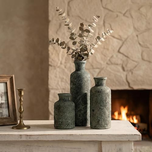 Vintage Ceramic Flower Vase Set of 3, Rustic Farmhouse Vase for Home Decor, Distressed Decorative Vase for Table Entryway Mantel Centerpiece Living Room Bathroom Bedroom (Patina Gray) - color: 116-patina Gray