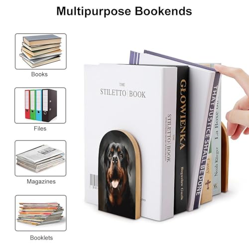 Cool Rottweiler Dog Art Bookends 1 Pair Heavy Duty Book Ends for Shelves Non-Skid Bookend Supports Wooden Book Holders with Metal Base Desk Organizers Books Storage to Hold Books