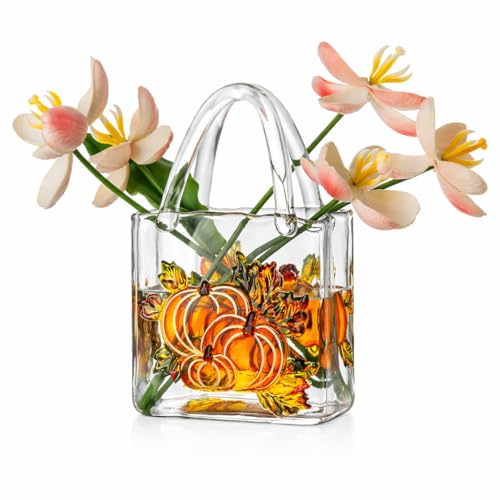 Glass Wallet Vase, Hand Painted Embossed Handbag with Handle, Thick Clear Glass Vase for Centerpiece, Fish Tank, Cute Home Decor Gift (Pumpkin Pattern) - color: Transparent Color