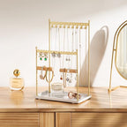 3 Tier Gold Jewelry Stand, Necklace Organizer, Earring Holder with 44 Holes and 9 Hooks, for Necklaces, Bracelets, Rings - color: Gold