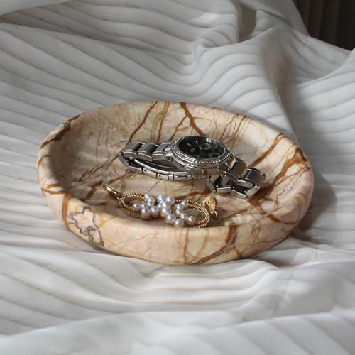 Natural Marble Travertine Ring Dish Jewelry Tray 5.5" for Women, Marble Trinket Dish for Key Earring Nightstand, Mother's Day Engagement Birthday Gift - Pink Marble - color: Pink Marble