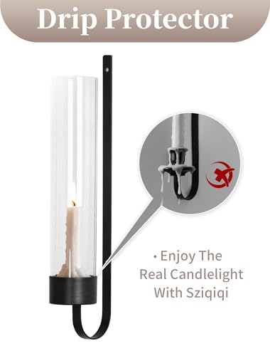 Sziqiqi Black Wall Candle Holders: Metal Candle Sconces for Taper Set of 2 Modern Wall Mounted Candlestick Holder with Hurricane Glass for Living Dining Room Bedroom Bathroom Outdoor