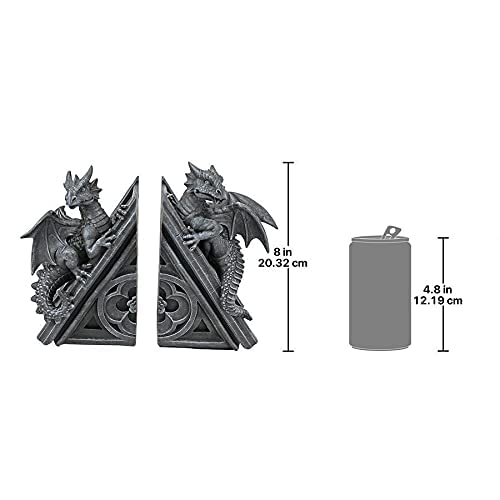 Design Toscano Castle Dragon Gothic Decor Decorative Bookend Statues, 8 Inch, Set of Two, Polyresin, Grey Stone