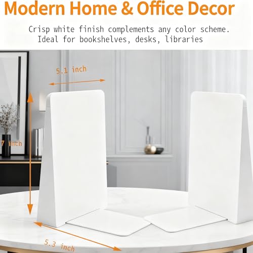 Modern White Wood Bookends - Decorative Book Stoppers for Bookshelves, Office & Home Decor - Sturdy Wooden Book Organizer (Set of 2)