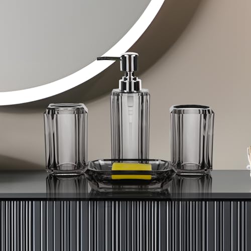 4-Piece Modern Gray Bathroom Accessories Set — Soap Dispenser, Soap Dish, Mouthwash Cup & Toothbrush Holder, Glossy Acrylic with Gray Finish, Vanity Countertop Organizer - color: Gray