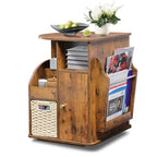 TooCust Rotating End Table with Storage, Swivel Side Table Living Room, Side Table with Magazine Holder, Basket and Cabinet, Sofa Side Farmhouse End Tables with Open Shelf (Rustic Brown)