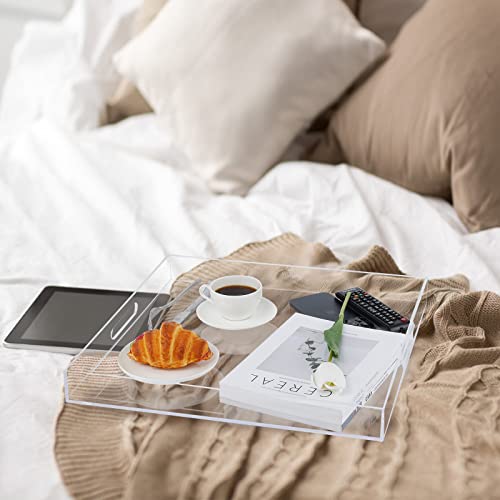 18×18 Inch Clear Acrylic Serving Tray with Handles Extra Large Ottoman Tray Decorative Tray Spill-Proof Coffee Table Space Saver Oversize Counter top Organizer Platter with Safe Edge - color: Clear, size: 18" x 18" x 2"