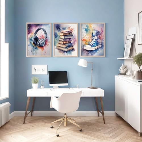 3 Pcs Framed Graffiti Abstract Wall Art Headphones Books Sneakers Canvas Print Poster Watercolor Pink Wall Decor Pictures Teenager Bedroom Wall Homemade Set Decoration for Living Room Bedroom Office 12" x 16" - color: Watercolor, size: 12"x16"