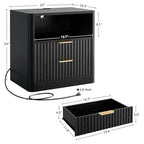 IRONCK Fluted Night Stand, Modern Nightstand with Charging Station, Drawers and Open Shelves - Bedside Table Wood Side Table for Bedroom, Black - color: Black
