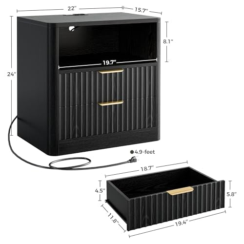 IRONCK Fluted Night Stand, Modern Nightstand with Charging Station, Drawers and Open Shelves - Bedside Table Wood Side Table for Bedroom, Black - color: Black