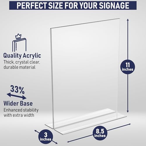 Acrylic Sign Holder 8.5 x 11 - Heavy Duty T-Shape Table Top Display Stand, Extra Wide 3-Inch Base, Double Sided Bottom Load, Crystal Clear Menu Holder: Restaurant, Office, Wedding, Trade Show (6 Pack)