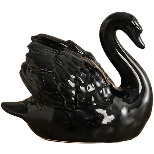 Ceramic Swan Figurine - Modern Minimalist Swan Decor for Living Room, Office, Desk, and Shelf - Elegant Home Decor Statue (Black) - color: Black