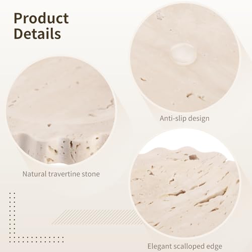 Travertine Jewelry Dish, 5.9 in Small Scallop Edge Stone Tray, Beige Round Marble Pattern Perfume Tray for Women, Decorative Storage Plate for Bathroom, Kitchen, Dresser