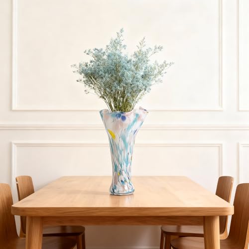 9.1H Murano Hand Blown Glass Vase, Ruffled Scalloped Rim Trumpet Shape, Wide Mouth Colorful Decorative Glass Vase, Sculptural Art Centerpiece for Living Room Table, Bathroom, Office Shelf(Blue-Yellow) - color: Blue-yellow