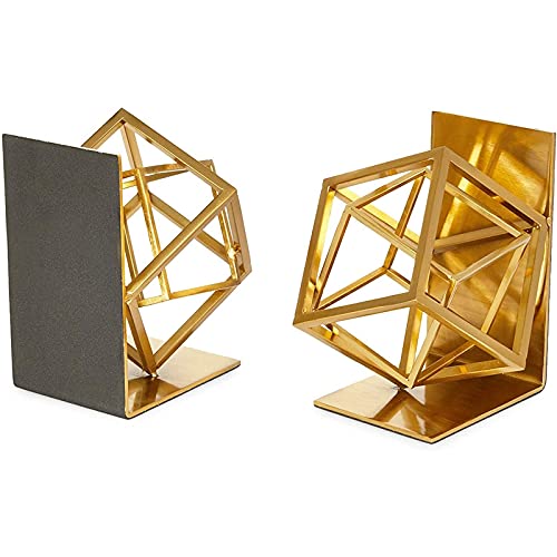 Juvale Gold Bookends - Heavy-Duty Metal Book Ends for Bookshelf Decor - Geometric Square Style for Decorative Books Display for Coffee Table & End Table Decor - 5 x 6 x 3 in, Pack of 2