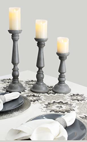 Solid Wood Candle Pillar Holder - Set of 3 Handcarved Candlestick Holder Stand - Boho Rustic Holiday Table Centerpiece Farmhouse Mantle - 17" 14" 11" H - Antique Charcoal Grey Distressed -COTTON CRAFT