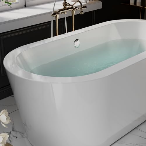 Empava 59"Freestanding Bathtub, Luxury Acrylic Soaking Tub with Drain and Overflow, Modern Stand Alone Design, Glossy White,cUPC Certified