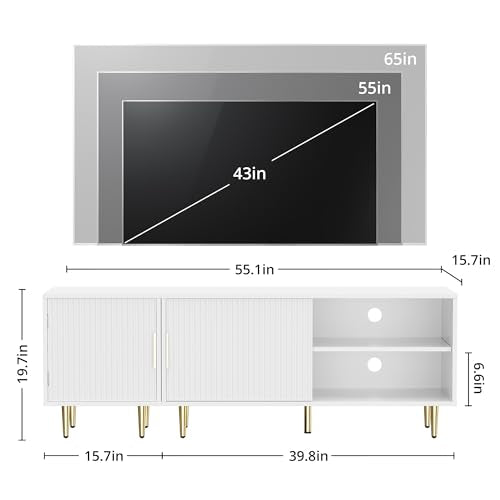 Housoul Combined Modern TV Stand for 55/60/65 inch TV, Small Fluted Entertainment Center with Adjustable Shelf, TV Media Stand with Storage Cabinet, TV Console for Living Room, Bedroom, White - color: White, size: 55" L