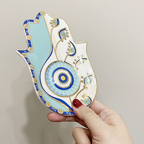 Ceramic Hamsa Hand Incense Holder - 2 in 1 Brass Incense Holder for Sticks and Coil Incense- Zen Decor with Hand of Fatima Design Protection from Evil - 6.2" L X 4.5" W (Blue) - color: Blue