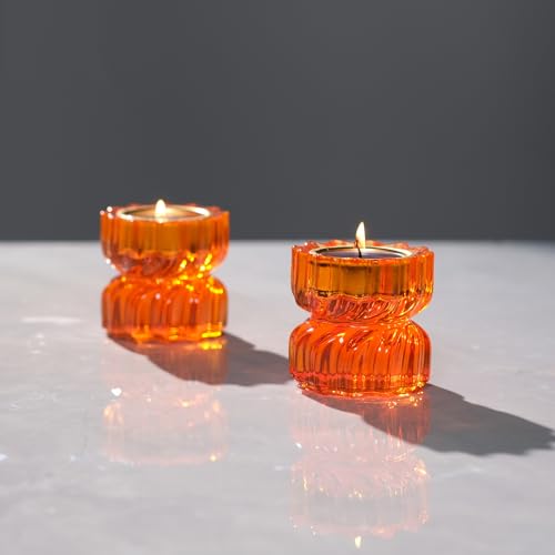 Twizzle Twist Tealight Holder, Decorative Tealight Candle Holder for Table Display, Unique Home Décor, Housewarming Gift, Spiral Sculpture Diwali Tea Light Stand Orange Resin Set of 2 - color: Orange