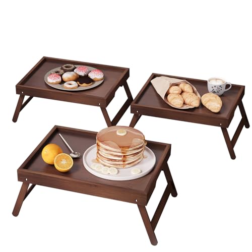 VERTORGAN 3 Pack Bamboo Bed Tray Table with Folding Legs,Breakfast Trays,Serving Tray,Laptop Tray for Working,Food Snack Tray for Bed and Sofa(Brown) - color: Brown