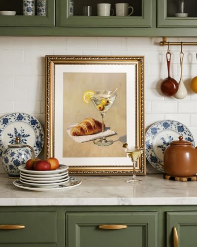 InSimSea Gold Framed Wall Art, Kitchen Dining Room Vintage Cocktail Martini Croissant Wall Shelf Decor, Still Life Canvas Print Art, Home Bar Decor, Antique Paintings with Picture Frame 13x16inch - color: Olive in a Glass, size: 16"L x 13"W