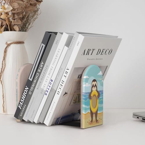 Cute Sloth Beach L-Shaped Book Ends 1 Pair Wood Bookends Book End Supports for Heavy Book Shelf Holder Home Decorative - color: Cute Sloth Beach