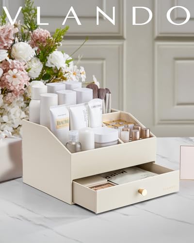 VLANDO Makeup Organzier,Vanity Organizer with Drawers, PU Leather Skincare Organizer Perfume Organizer,Large Cosmetic Display Case for Lipstick,Brushes Gifts for Women-Beige - color: 2 layers-Beige