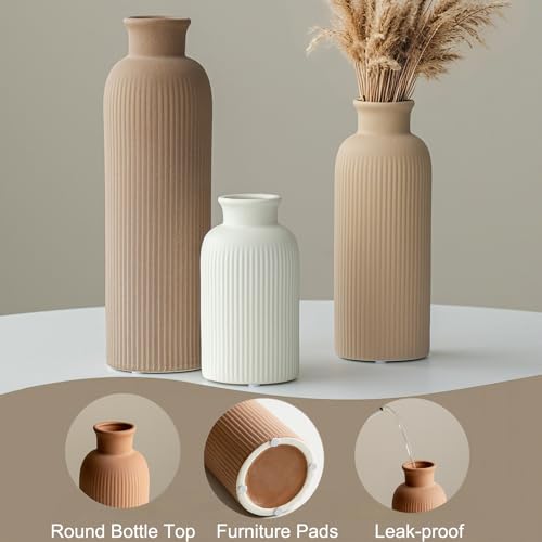 Modern Ceramic Vase Set, Earth Tone Natural Color Ribbed Matte Design, 3-Piece Decorative Vases for Home, Living Room, Office (Coffee Mix) - color: Coffee Mix