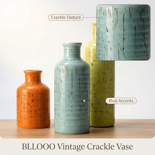 Vintage Ceramic Flower Vase Set of 3, Rustic Farmhouse Vase for Home Decor, Distressed Decorative Vase for Table Entryway Mantel Centerpiece Living Room Bathroom Bedroom (Multicolor) - color: 114-multicolor