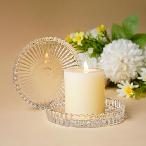 kanpura 3.5 Inch Glass Pillar Candle Holder Set Set of 2 Gear Round Candle Plate Flat Candle Stand for Table Centerpieces,Party, Wedding Home Decor - color: Clear