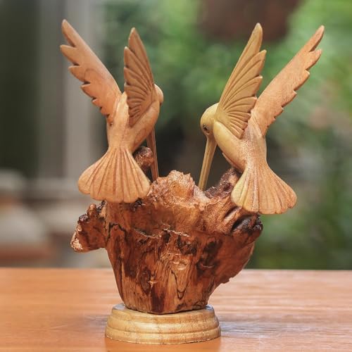 NOVICA Artisan Crafted Handcarved Wood Sculpture | Hummingbird Figurine Decor | Sustainable Animal Themed | Benalu & Jempinis Wood | NAT Geo Decoration | Indonesia ' Hummingbird Couple' 7.5" H x 6" W