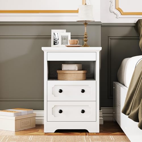 LIKIMIO Night Stand, Modern Bedside Table with 2 Drawers, Open Shelf, End Table with Pull-Out Tray, Wood SideTable, White - color: White