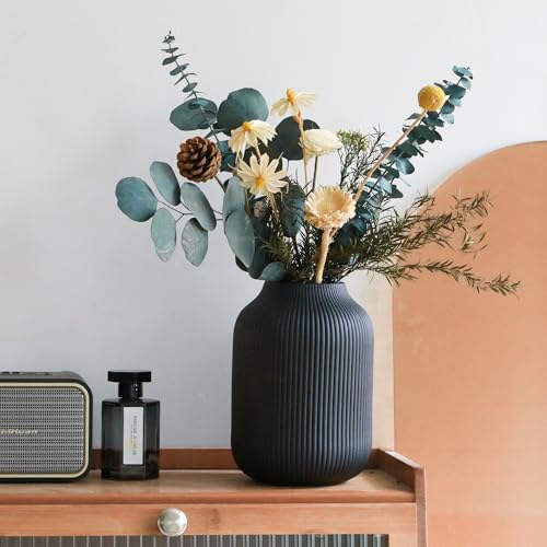 flature Ceramic Vase with Grooves - Waterproof Flower Vase in Matte Black for Fresh Flowers, Dried Flowers, Pampas Grass, Large 7.9" Tall Vase as a Gift, Decoration for Living Room, Bedroom, Office. - color: Black