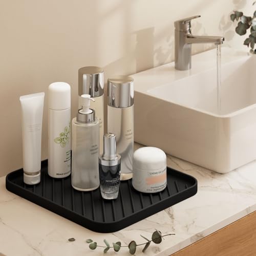 Silicone Organizer Tray for Kitchen Sink and Bathroom, Dishwasher Tray, Versatile Bathroom and Drawer Organizer Trays, Non-Slip Countertop(Black) - color: Black