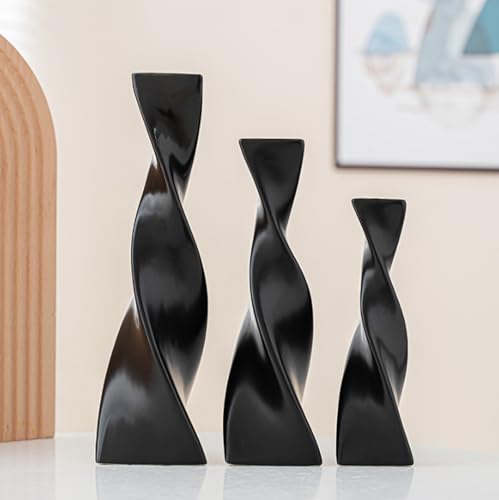 7.28 Inch Black Small Ceramic Bud Vase Tall Twisted Minimalist Vase for Single Stem Flowers Narrow Neck Decorative Floral Bottle Home Office Table Decor