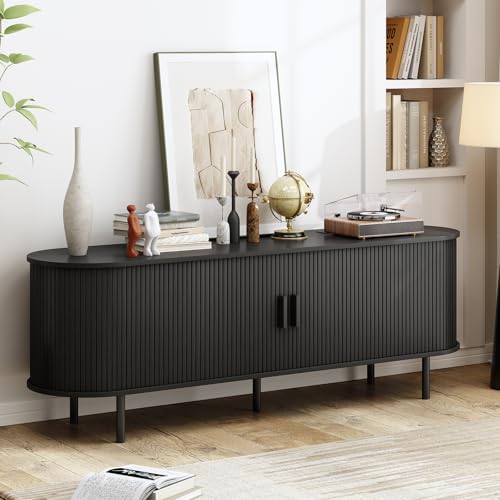 63" TV Stand with Power Outlet, Modern Media Console with Sliding Doors, Entertainment Center for TVs up to 60 Inch, Adjustable Shelves, Black - color: Black, size: 63 Inch