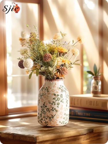 Vintage Ceramic Vase - 7.8 Inch Hand-Painted Flowers with Ice Crackle Glaze Finish, American Farmhouse Style Pitcher Vase for Home Decor, Centerpiece, Shelf, Table, Office - color: Beige and Green-002