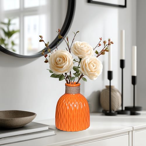 Orange Ceramic Vase 6 Inch - Small Ceramic Flower Vase for Home Decor,Round Textured Vases for Fall Decorative, Shelf, Bookshel, Office, Fireplace Mantle - color: Orange