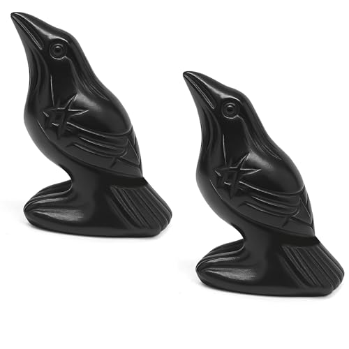 2Pcs Raven Statue Figurine, Black Crow Decor Sculpture, 2 Inch Natural Stone Creative Bird Ornament, Obsidian Crystal Stone Lucky Healing Guardian Animal Pocket Figure for Office Home Decoration Women