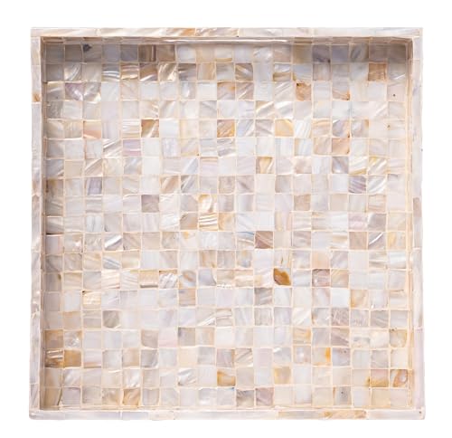 PEMAR Handcrafted Mother of Pearl Decorative Tray with Handles - 12" Square Mosaic Inlay Organizer for Coffee Table, Ottoman, Vanity & Bathroom - Luxury Coastal Home Decor (White Cream Squares)
