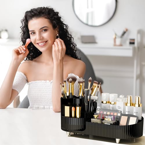 Rotating Makeup Organizer for Vanity with Brush Holder, Cosmetic Makeup Storage Organizer, Large Spinning Makeup Skincare Organizer, Countertop Makeup Perfume Organizer, Lotions Display Case (Black) - color: Black