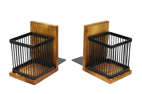 Owlgift Rustic Burnt Wood Decorative Bookends for Heavy Books with Matte Black Metal Wire Basket Pencil Holder and Office Supplies Storage Baskets Bins for Home, Office, Classroom, Dorm Room