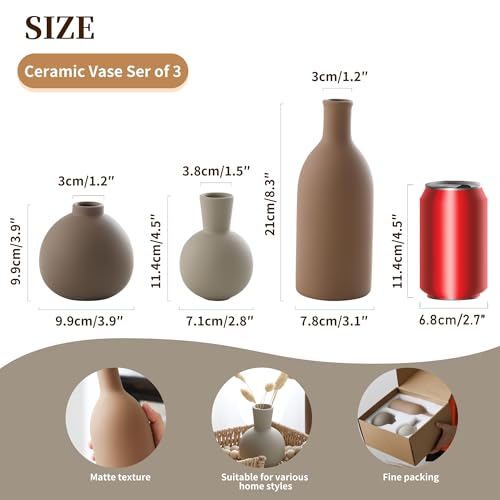 Ceramic Vase Set of 3, Vases Home Decor Rustic Farmhouse Decorative Vase Pottery Vases for Bouquet Pampas Grass Dried Fresh Flowers, Table Living Room Kitchen Bedroom Bathroom - Brown - color: Brown