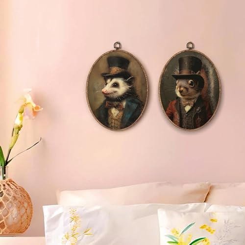 Hxlac Victorian Opossum Squirrel Oval Wall Art Framed Set of 2, Vintage Victorian Style Animal Oval Wall Decor, Autumn Squirrel Hanging Canvas Prints Wall Sculptures for Home Room Decor, 8.5x11.5 Inch - color: oval animal