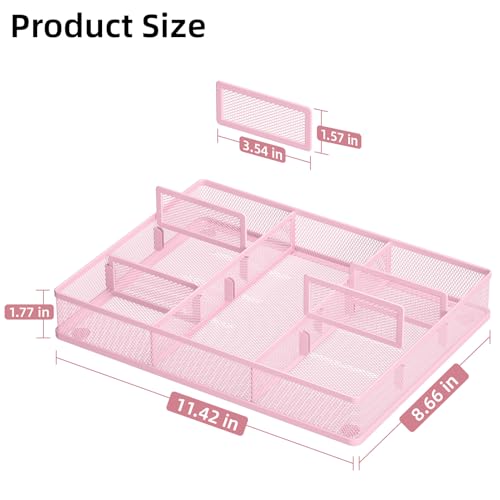 Marbrasse 2P Pink Desk Drawer Organizer, Metal Mesh Drawer Organizer Tray with 5 Adjustable Compartments,Desk Organizers and Accessories for Home,Office,Kitchen,Makeup,Vanity (Pink) - color: 2Pack Pink